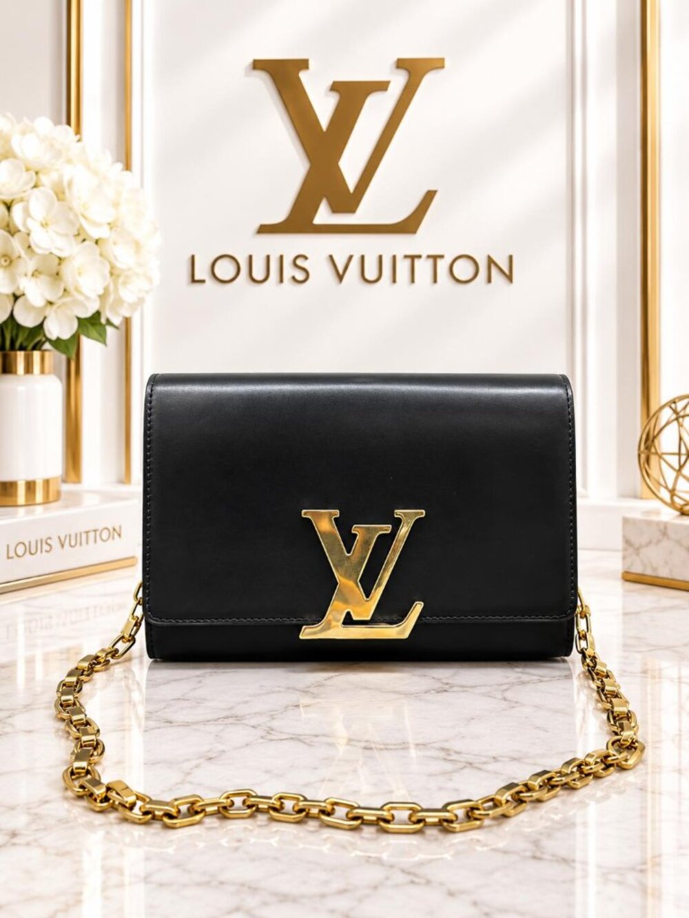Authentic Louis Vuitton Chain Louise MM Black Leather Shoulder Bag
